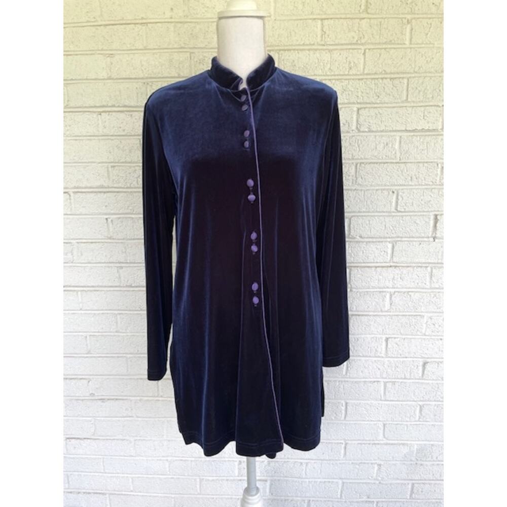 VTG 90s Coldwater Creek Velvet Jacket Medium Navy Mandarin Collar Button Tunic